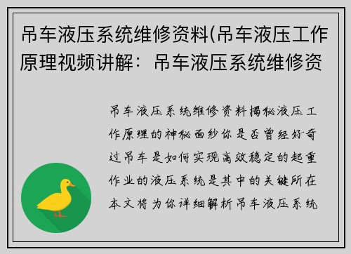 吊车液压系统维修资料(吊车液压工作原理视频讲解：吊车液压系统维修资料详解)