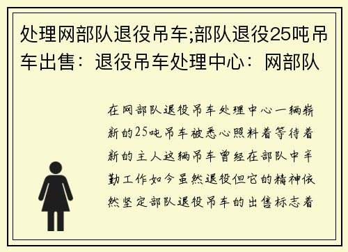 处理网部队退役吊车;部队退役25吨吊车出售：退役吊车处理中心：网部队的新动向