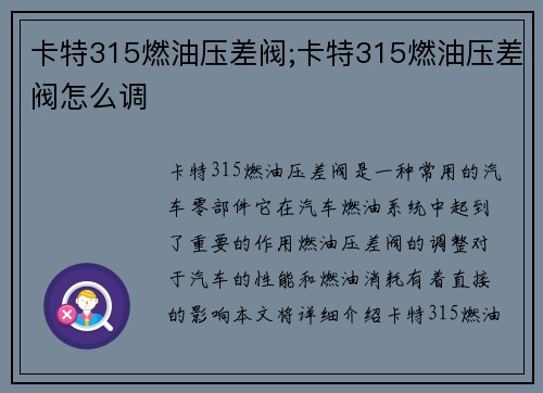 卡特315燃油压差阀;卡特315燃油压差阀怎么调