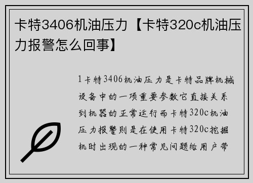 卡特3406机油压力【卡特320c机油压力报警怎么回事】